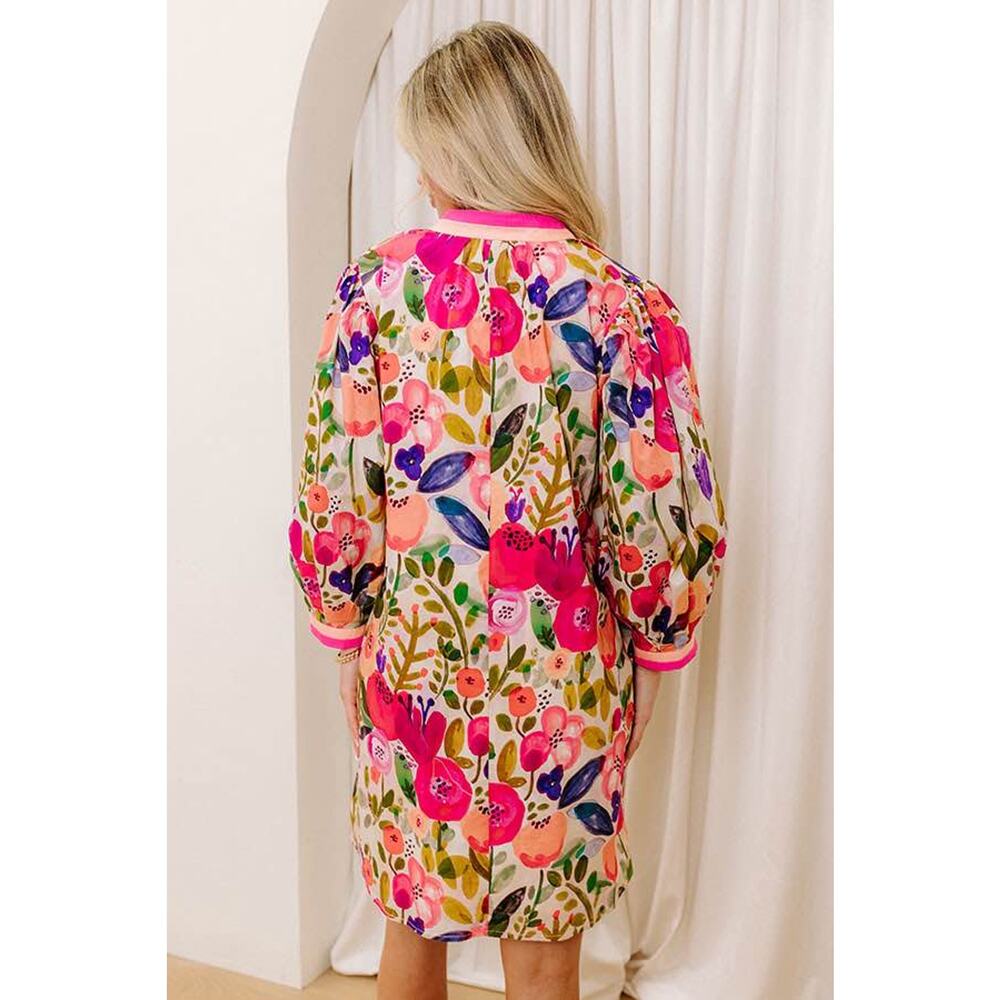 Floral Pink V-Neck Mini Dress - Picture 2 of 9